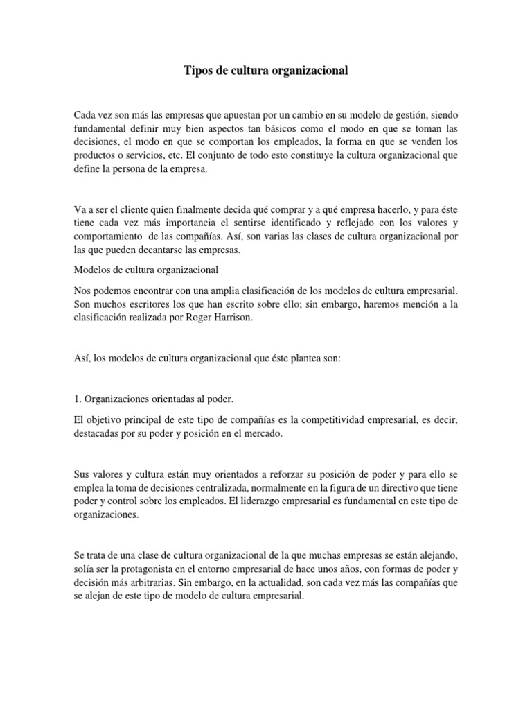 Tipos de Cultura Organizacional | PDF | Empresas | Cultura organizacional