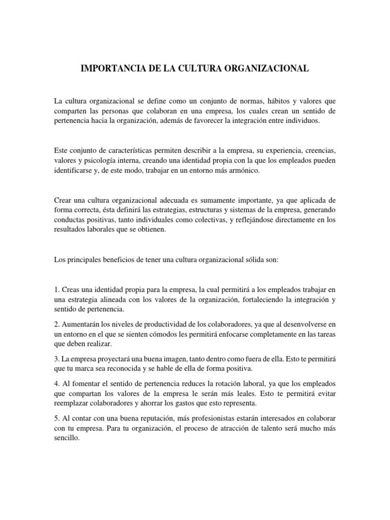 Importancia de la Cultura Organizacional | PDF | Cultura organizacional ...