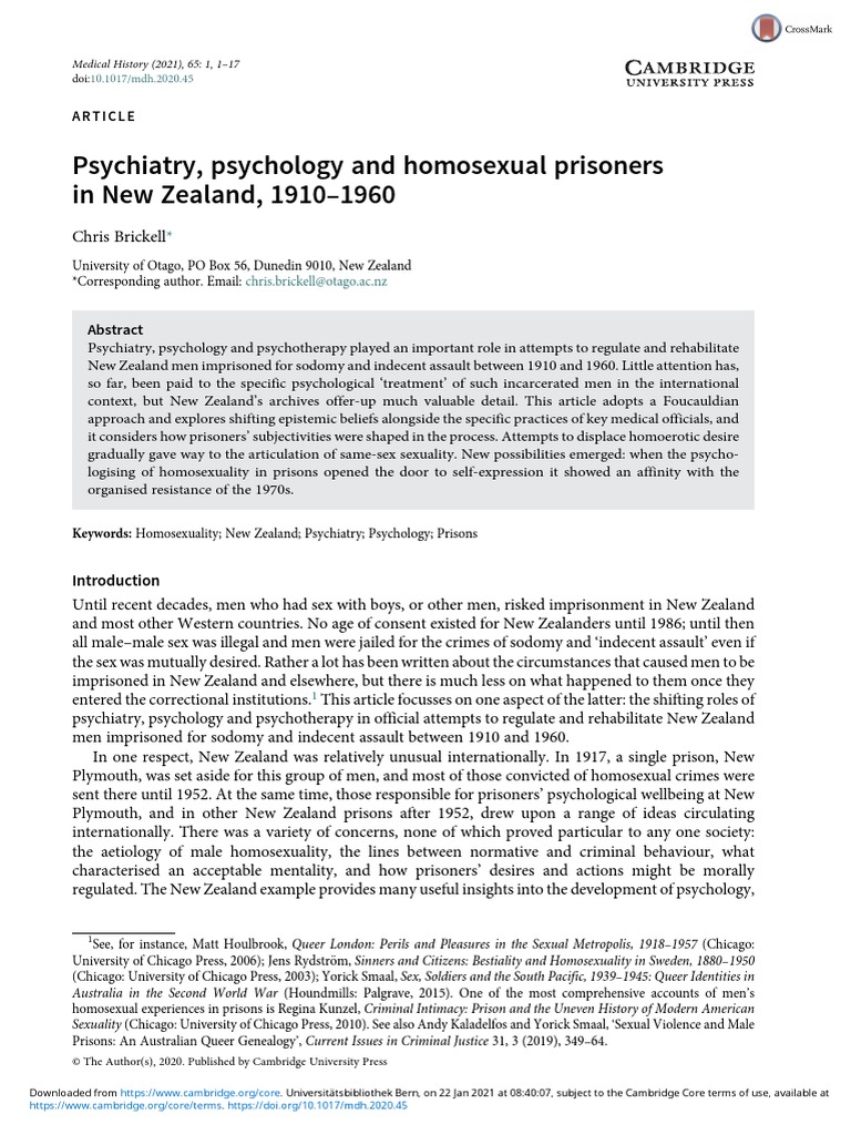 Psychiatry, Psychology and Homosexual Prisoners in New Zealand, 1910 ...