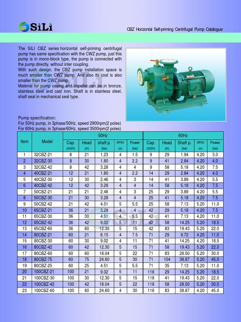 II 18.CBZ Self Priming Horizontal Centrifugal Pump catalougeSILI PUMP | PDF  | Pump | Turbomachinery