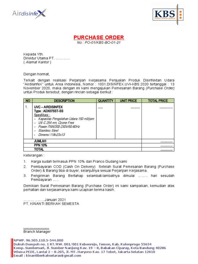 Contoh Purchase Order Barang Indonesia | PDF