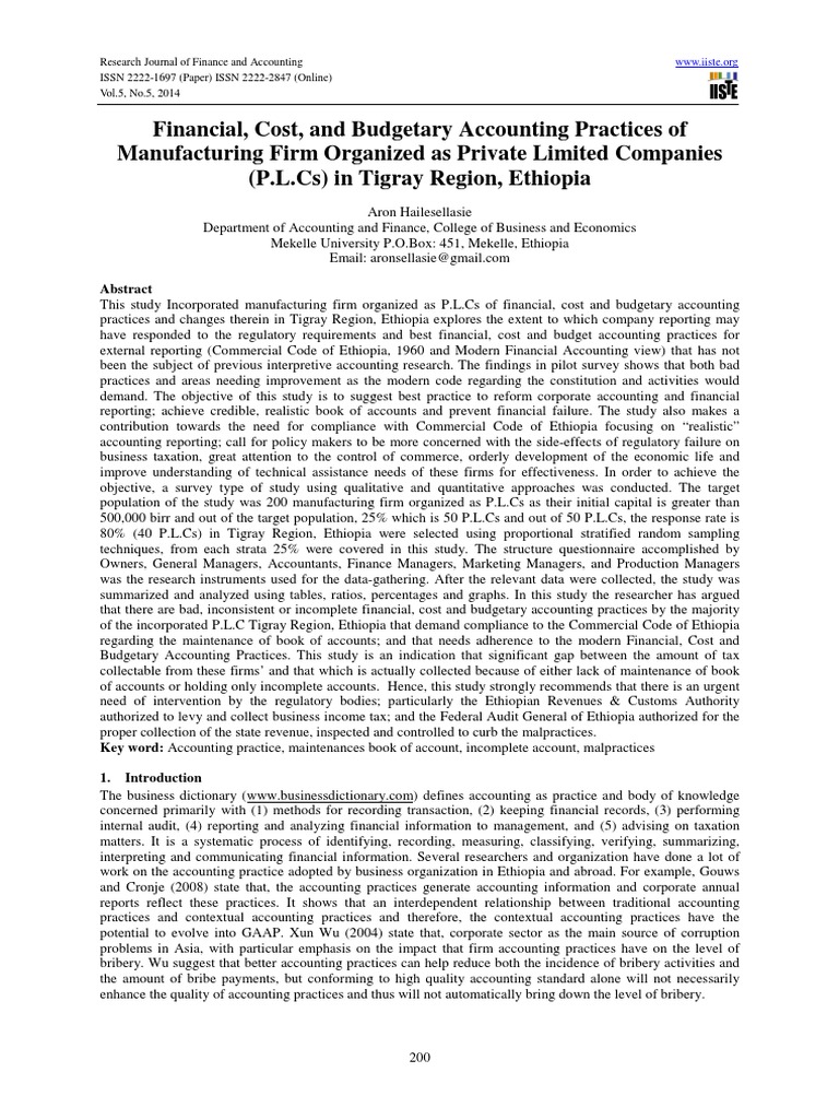Financial, Cost, and Budgetary Accounting Practices of Manufacturing