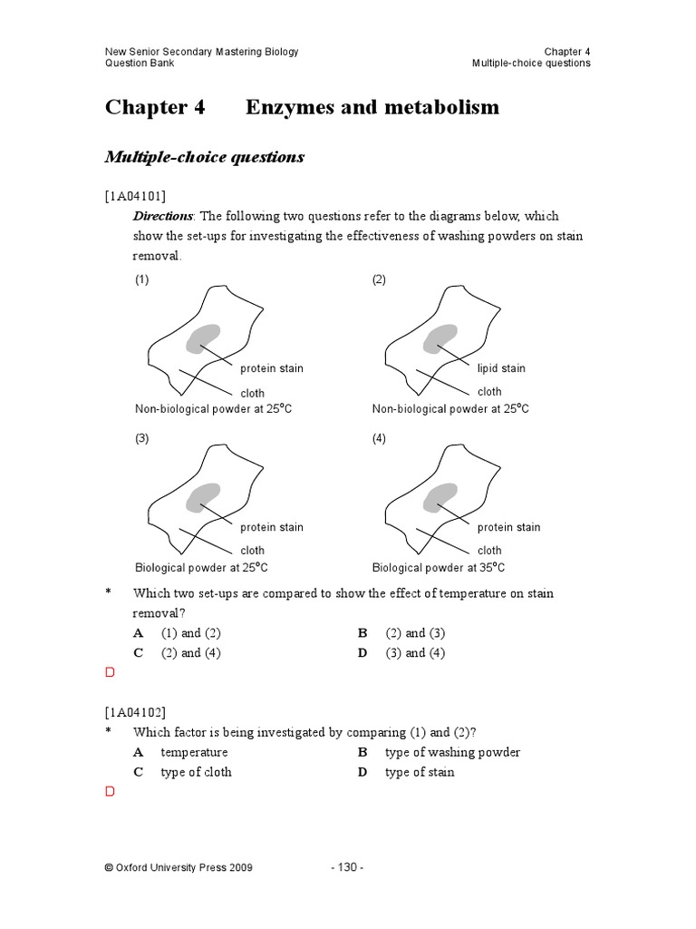 Enzymes and Metabolism MultipleChoice Questions PDF Active Site