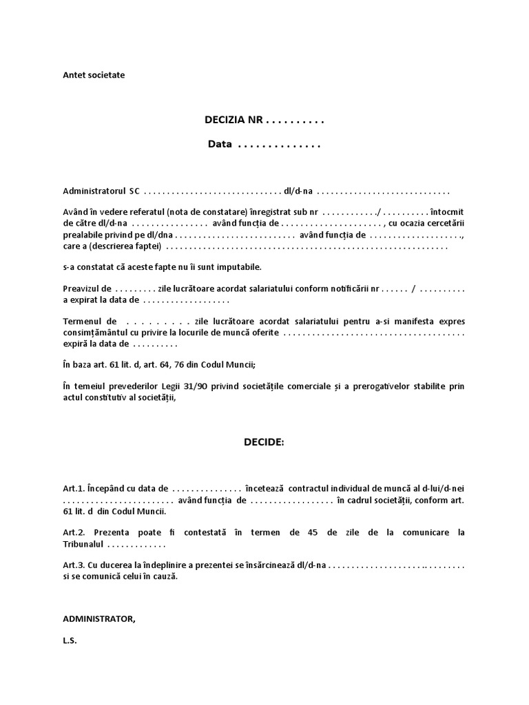 Model Decizie Incetare Cim Necorespundere Profesionala Art 61 D PDF