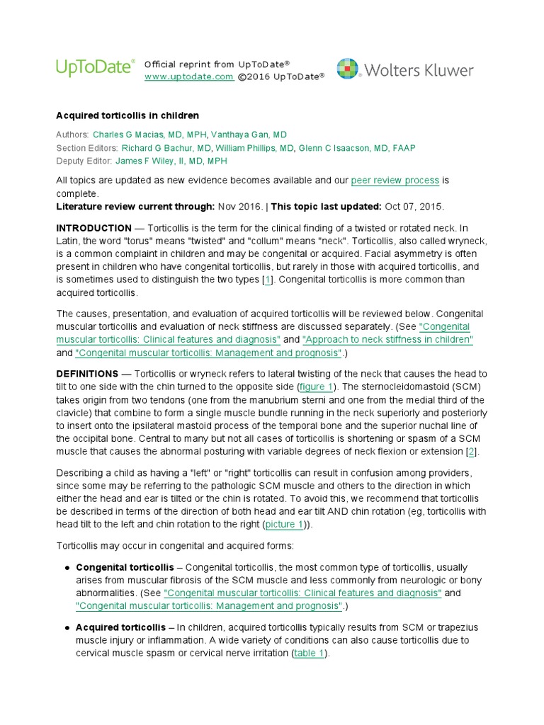 Acquired Torticollis in Children UpToDate PDF Spinal Cord Injury