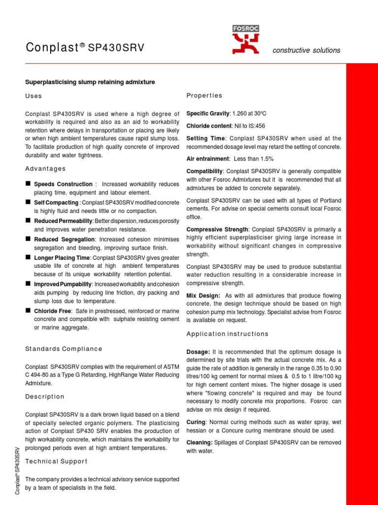 Conplast SP430 SRV | PDF | Concrete | Applied And Interdisciplinary Physics