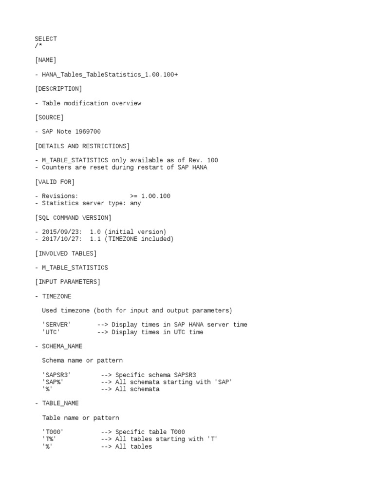 HANA Tables TableStatistics (Insert, Update, Delete) PDF Information Technology Management