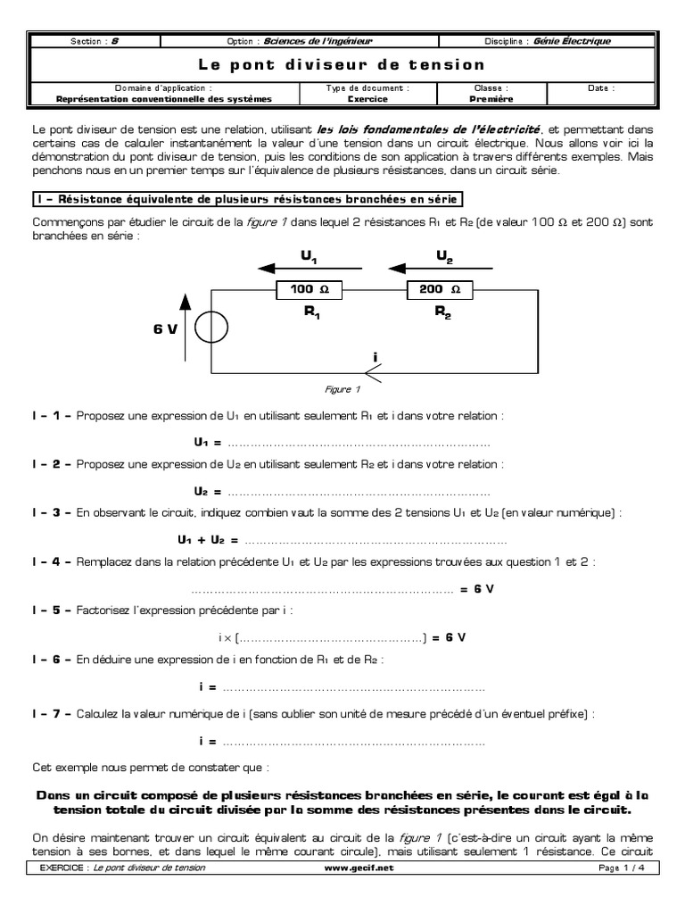 Exercice sur le pont diviseur de tension PDF Tension électrique — free download