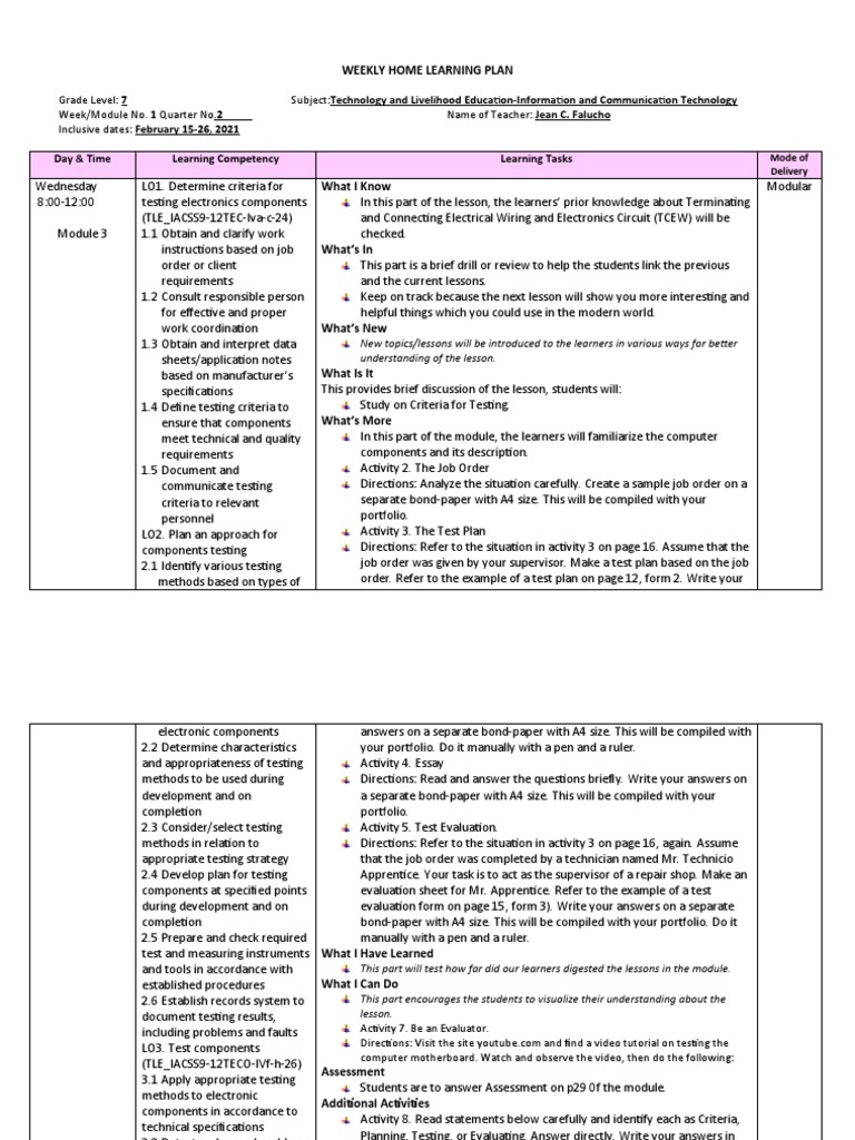 Weekly Learning Plan: TLE Grade 7 | PDF | Specification (Technical ...