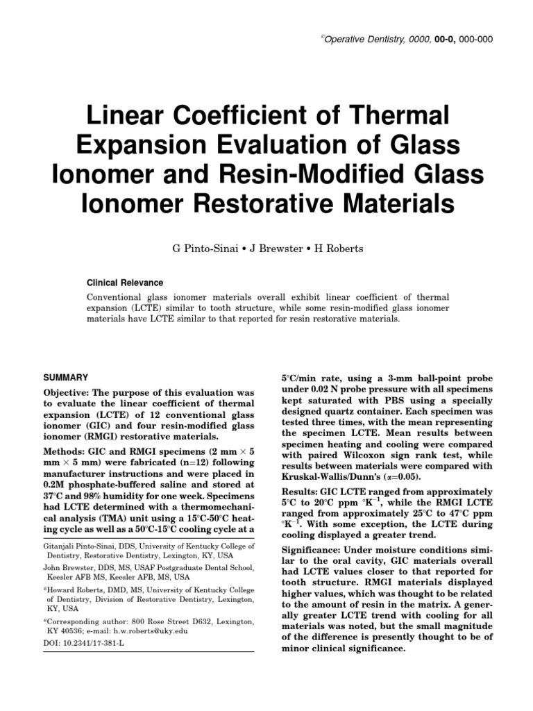 Linear Coefficient of Thermal Expansion Evaluation of Glass Ionomer and ...