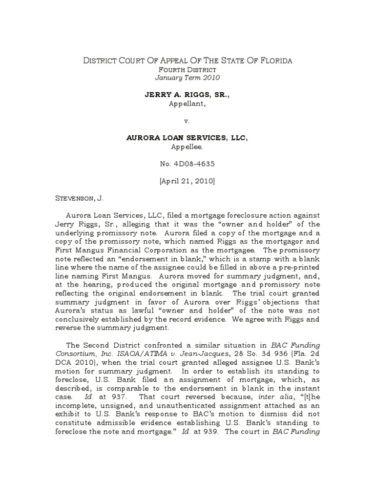 Aurora Loan Services Loses Again On Blank Endorsement PDF
