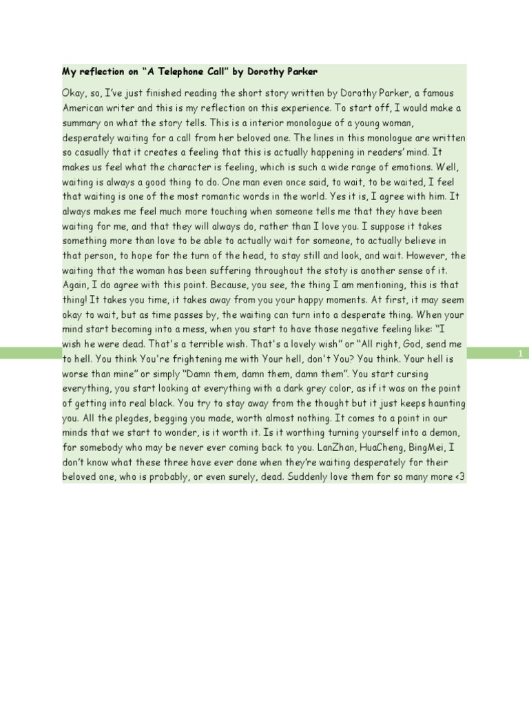 My Reflection On "A Telephone Call" by Dorothy Parker PDF The Happy