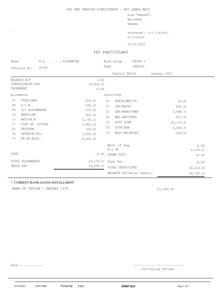 Pay Particulars Pay and Pension Directorate Sri Lanka Navy PDF