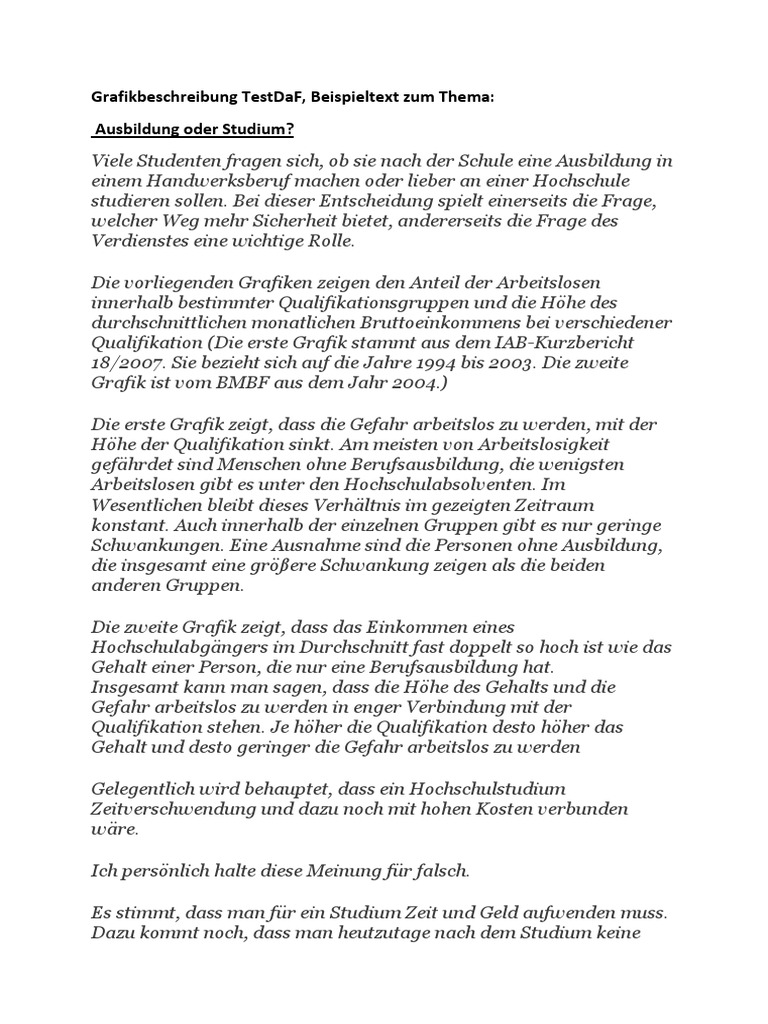 Grafikbeschreibung TestDaF - Beispieltext - Ausbildung Oder Studium | PDF