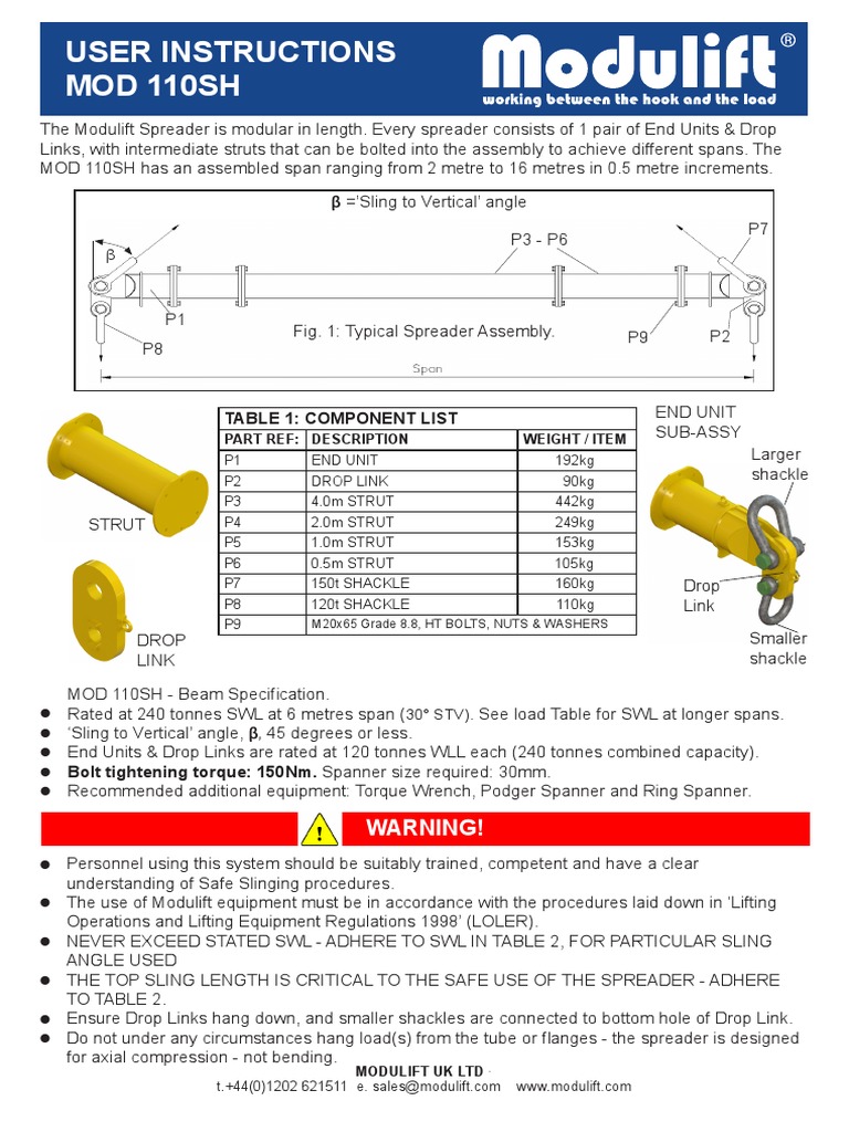 MOD 110SH Spreader Beam User Guide | PDF | Mechanical Engineering ...