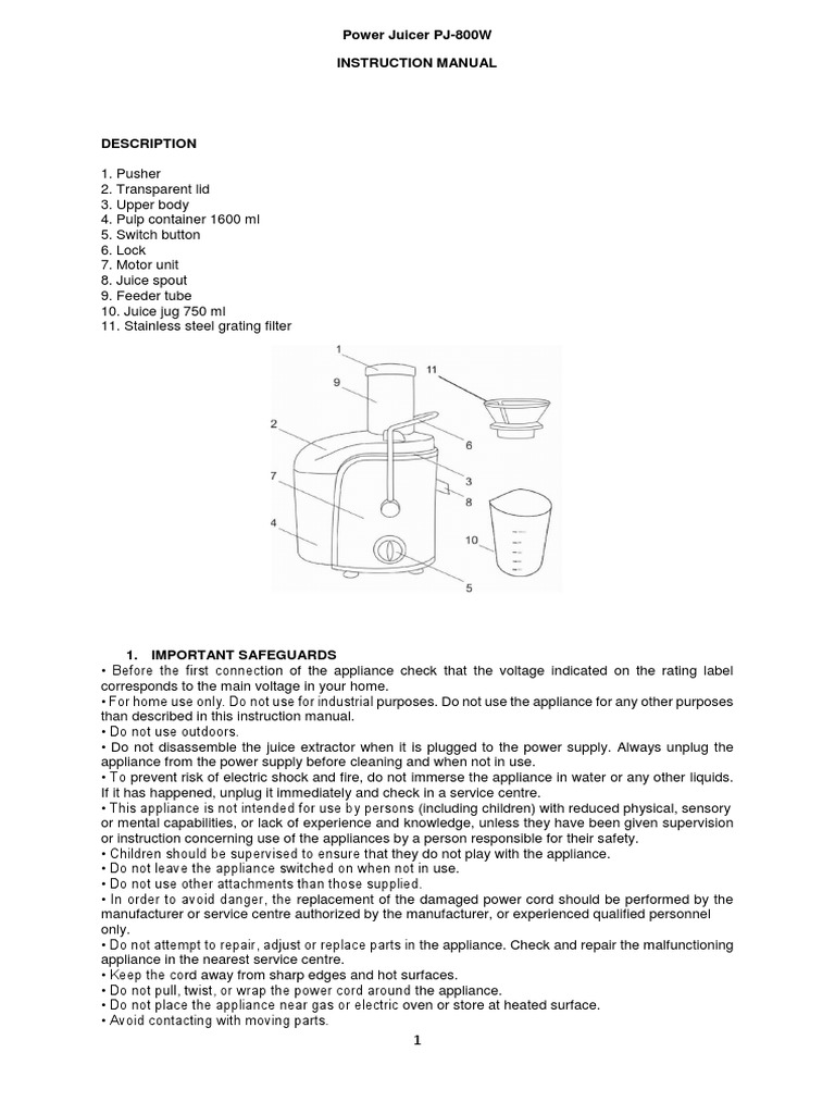 00 Power Juicer PJ 800W All Languages PDF Ac Power Plugs And