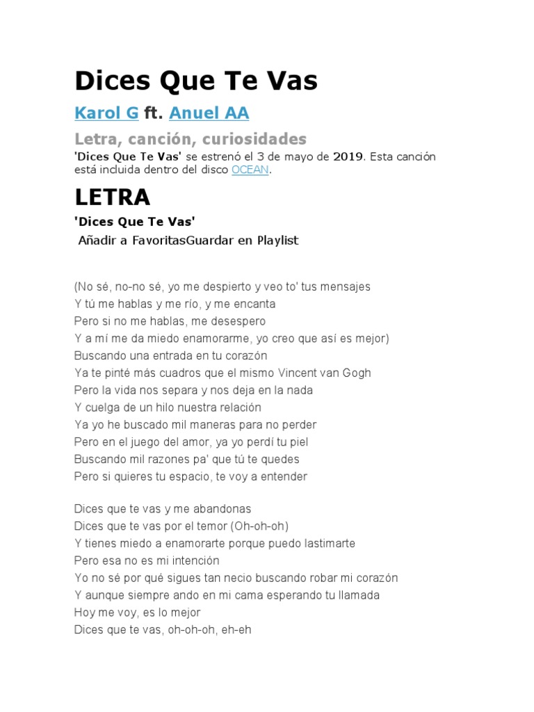 Dices Que Te Vas Letra PDF