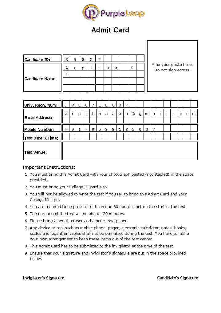 Admit Card Instructions for Candidates | PDF