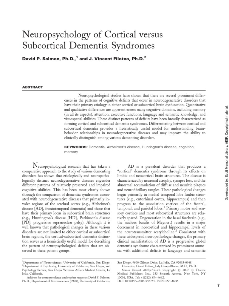 Neuropsychology of Cortical Versus Subcortical Dementia Syndromes | PDF ...