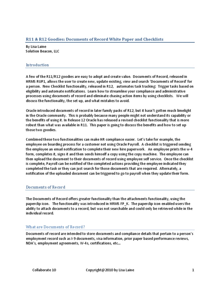 R11 & R12 Goodies: Documents of Record White Paper and Checklists | PDF