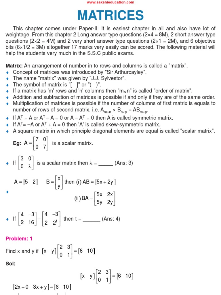 Matrices: Matrix: An Arrangement of Number in To Rows and Columns Is ...