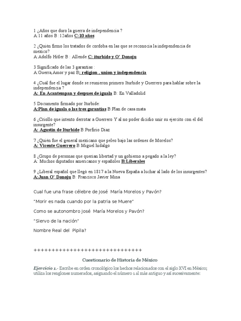 PREGUNTAS Y RESPUESTAS HISTORIA DE MEXICO