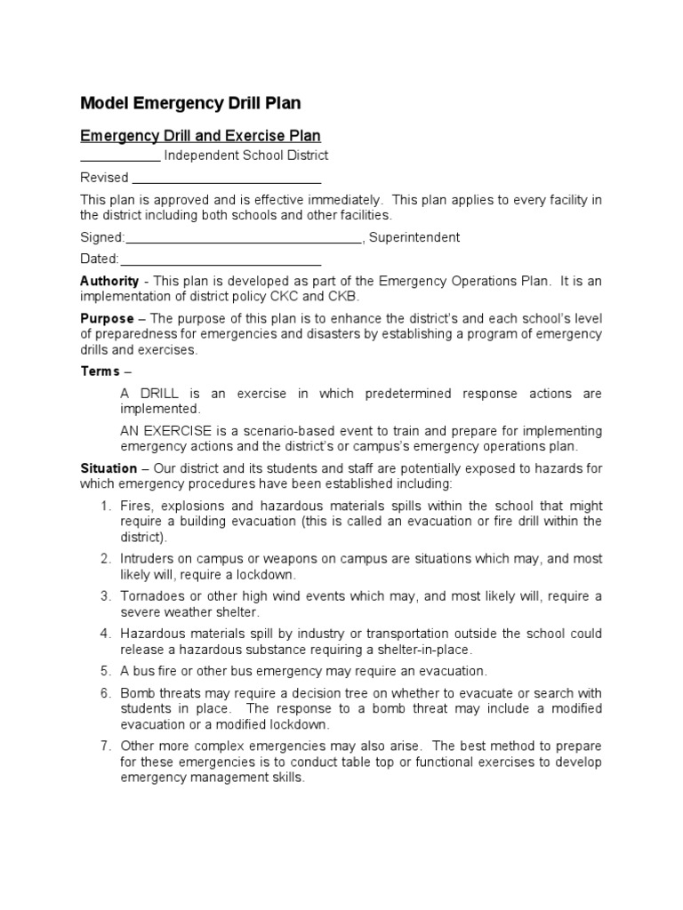 1Model Emergency Drill Plan PDF Emergency Emergency Evacuation