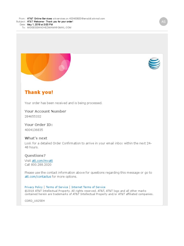 ATT Welcome Thank You For Your Order | PDF