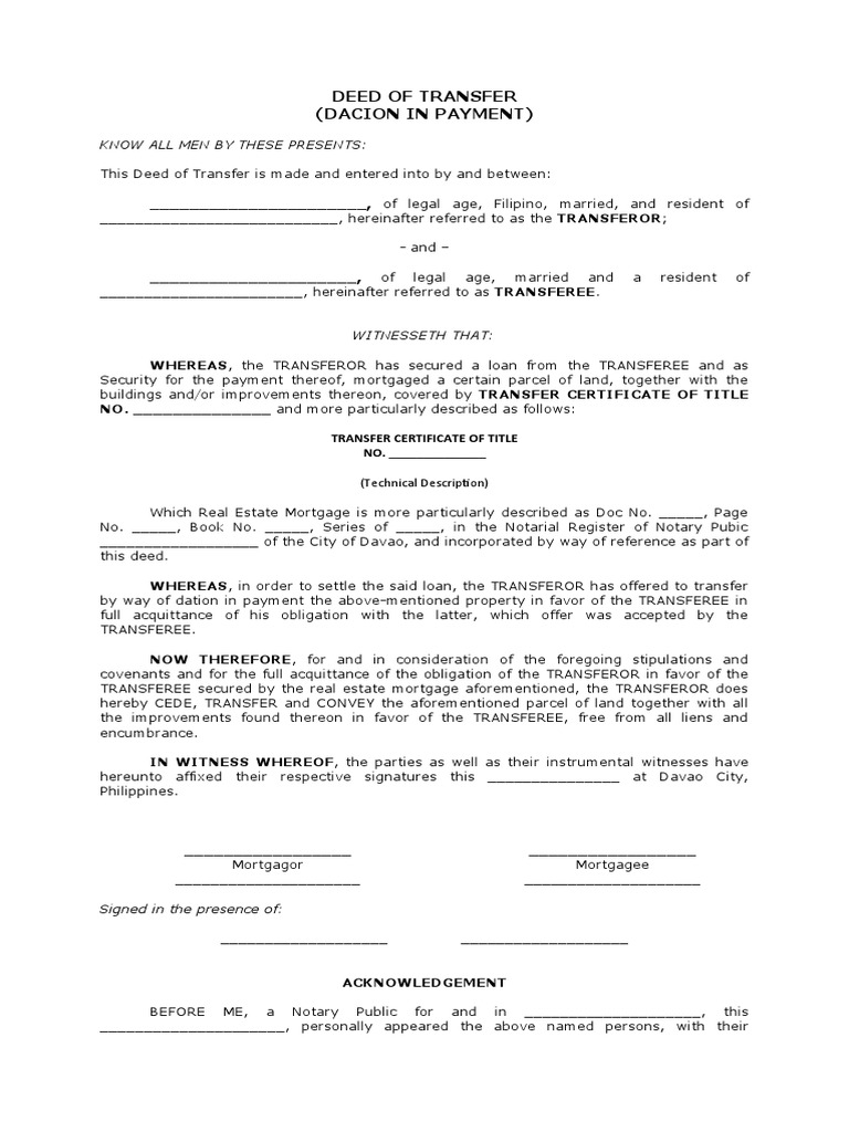 Deed of Dacion in Payment Transfer | PDF | Mortgage Law | Deed