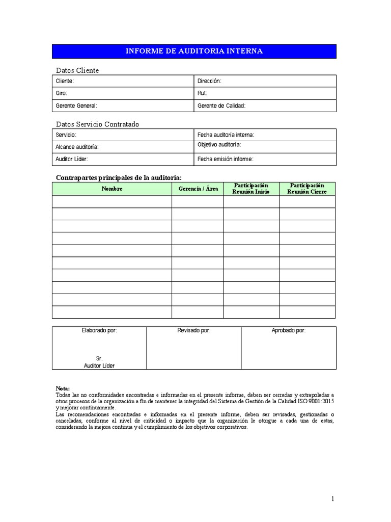Informe de Auditoría Interna ISO 9001:2015 | PDF | Auditoría | Calidad ...