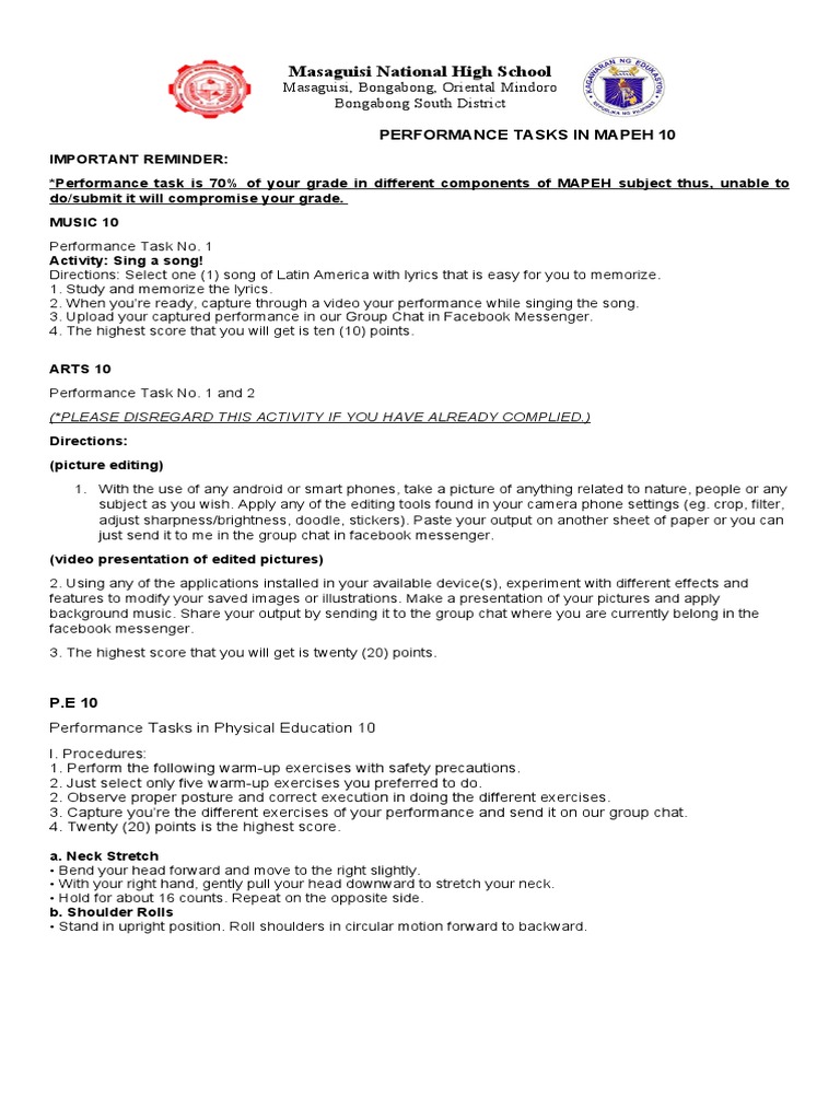 Performance Tasks In Mapeh 10 Pdf Foot Hand