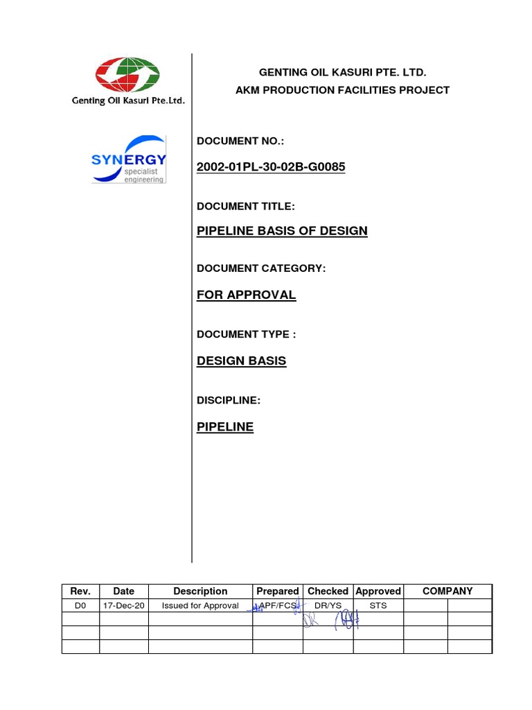 2002 01pl 30 02b G0085 Pipeline Basis Of Design D0 Pipe Fluid Conveyance Pipeline Transport