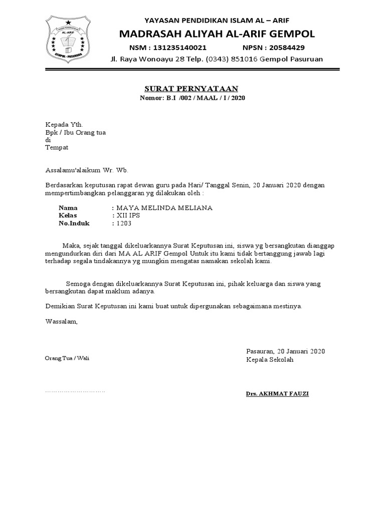 Surat Drop Out | PDF