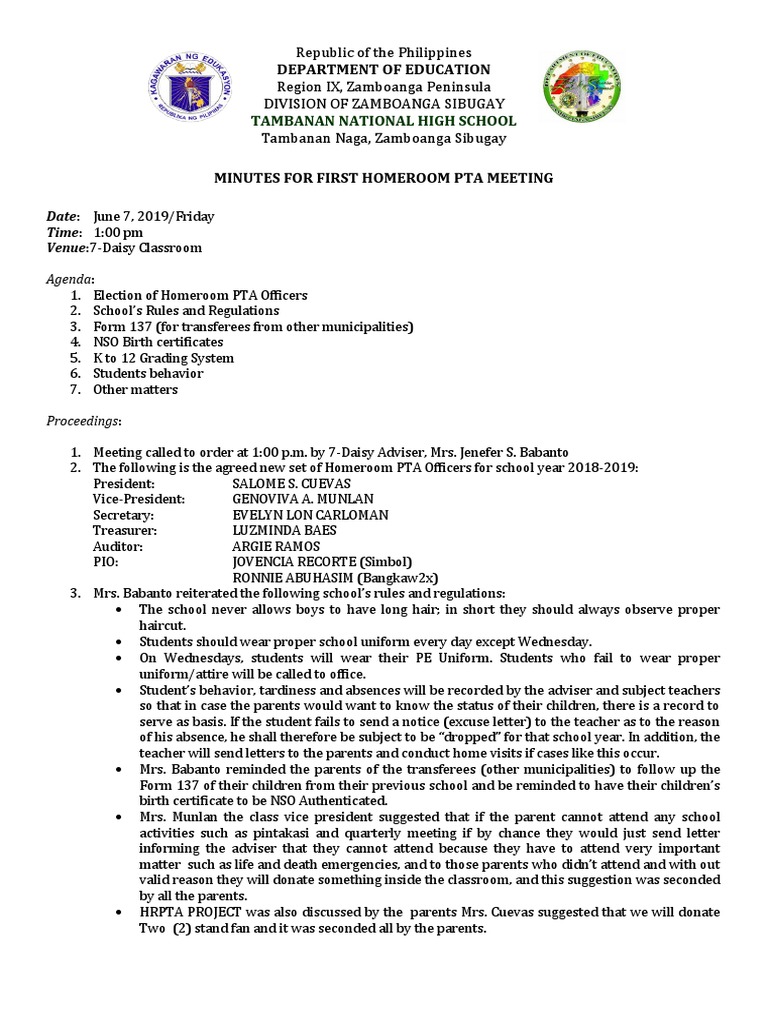 Minutes for homeroom meeting pdf schools