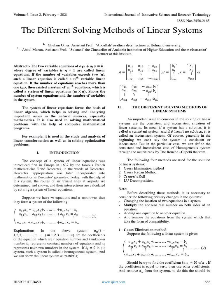 The Different Solving Methods of Linear Systems | PDF | System Of ...