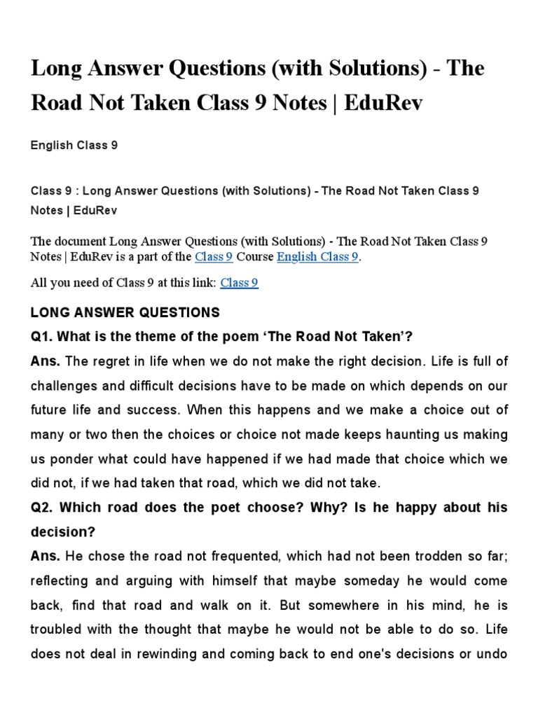 Long Answer Questions (With Solutions) - The Road Not Taken Class 9