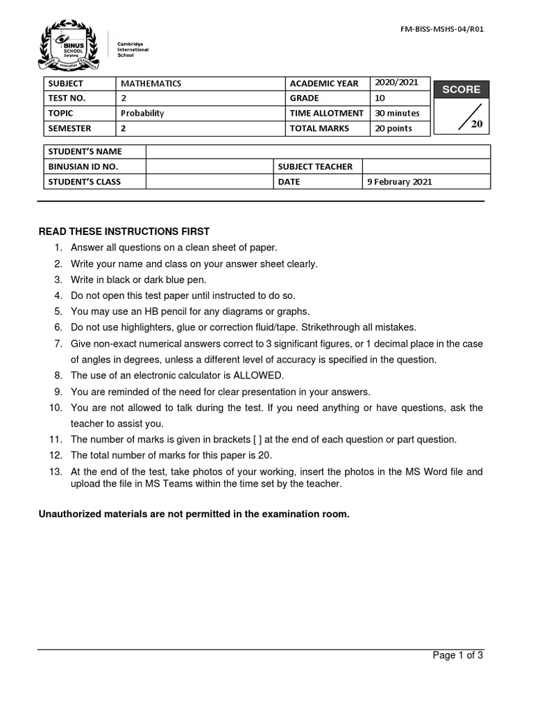 Grade 10 Probability Test Questions | PDF | Test (Assessment) | Question