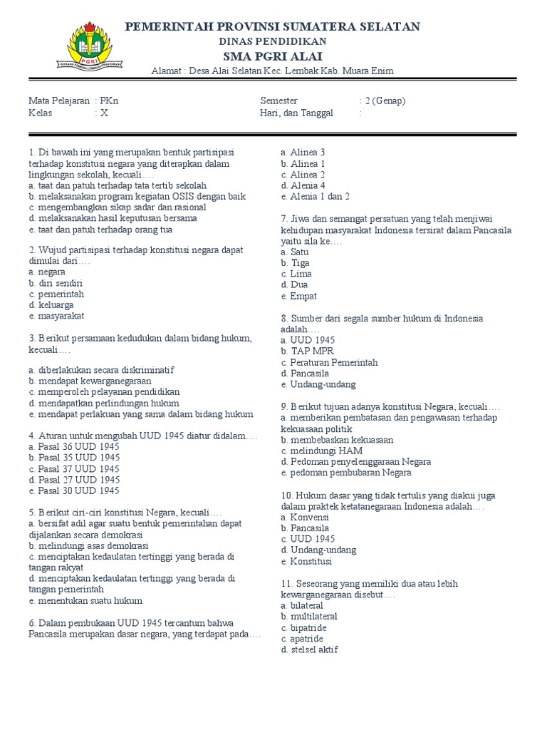 Soal Pkn Kelas 10