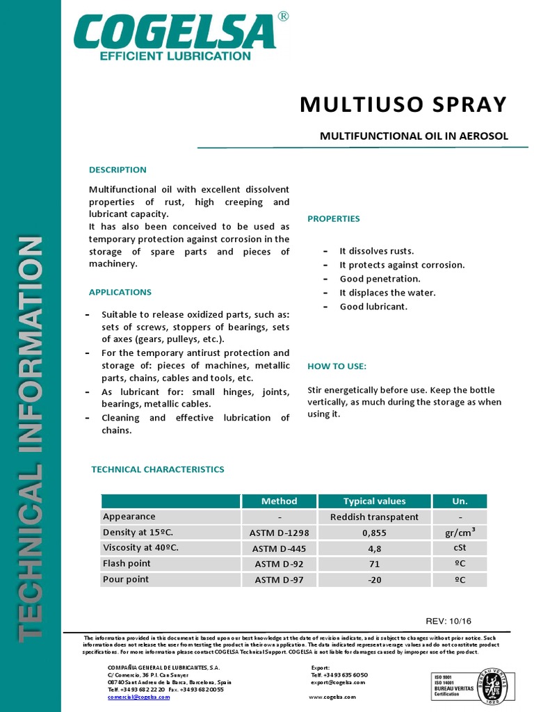 Multiuso Spray - 2016 (E) | PDF | Lubricant | Chemistry