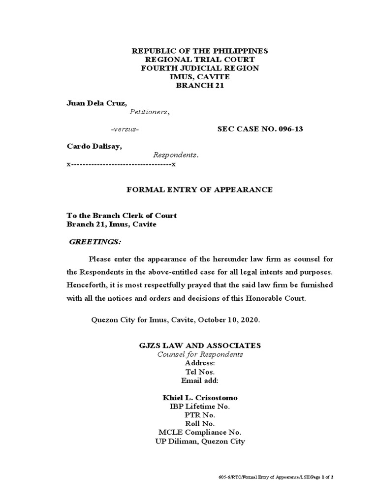 Versus 605 6 rtc formal entry of appearance lsii page 1 of 2 pdf