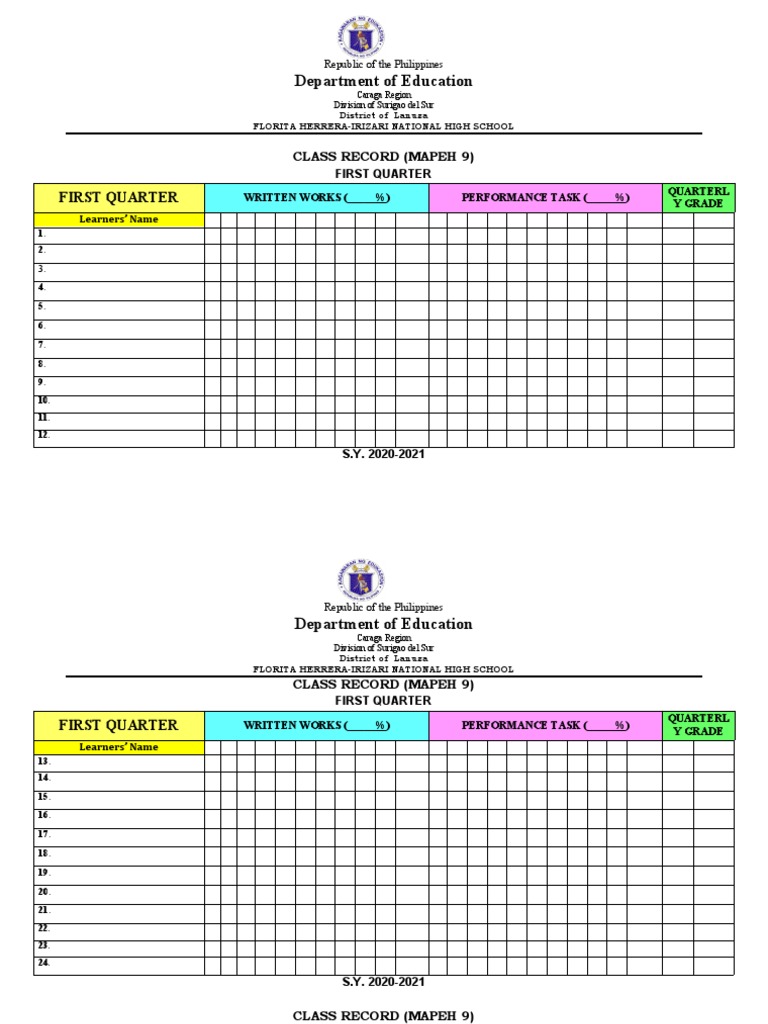 MAPEH 9 Class Record Template | PDF | Learning | Philippines