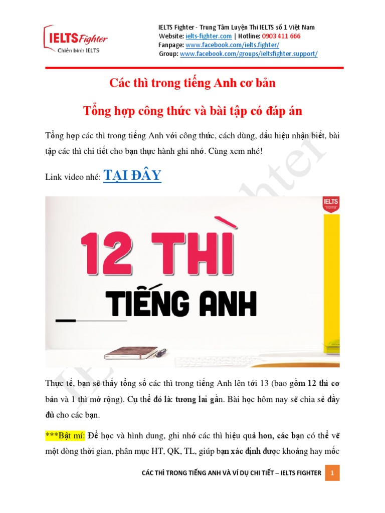 Các thì trong tiếng Anh cơ bản - IELTS Fighter | PDF