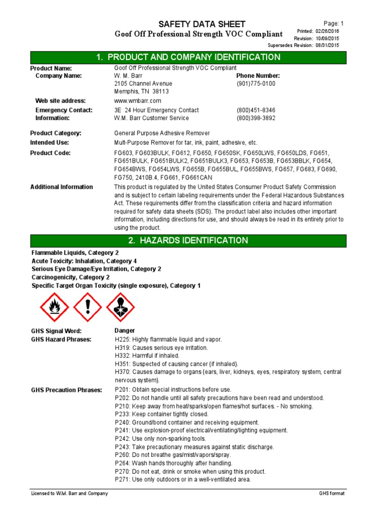 Product and Company Identification Goof Off Professional Strength VOC