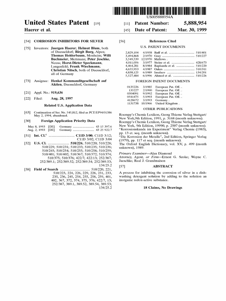 US5888954 Benzotriazole As Silver Corrosion Inhibitor in Dishwashing