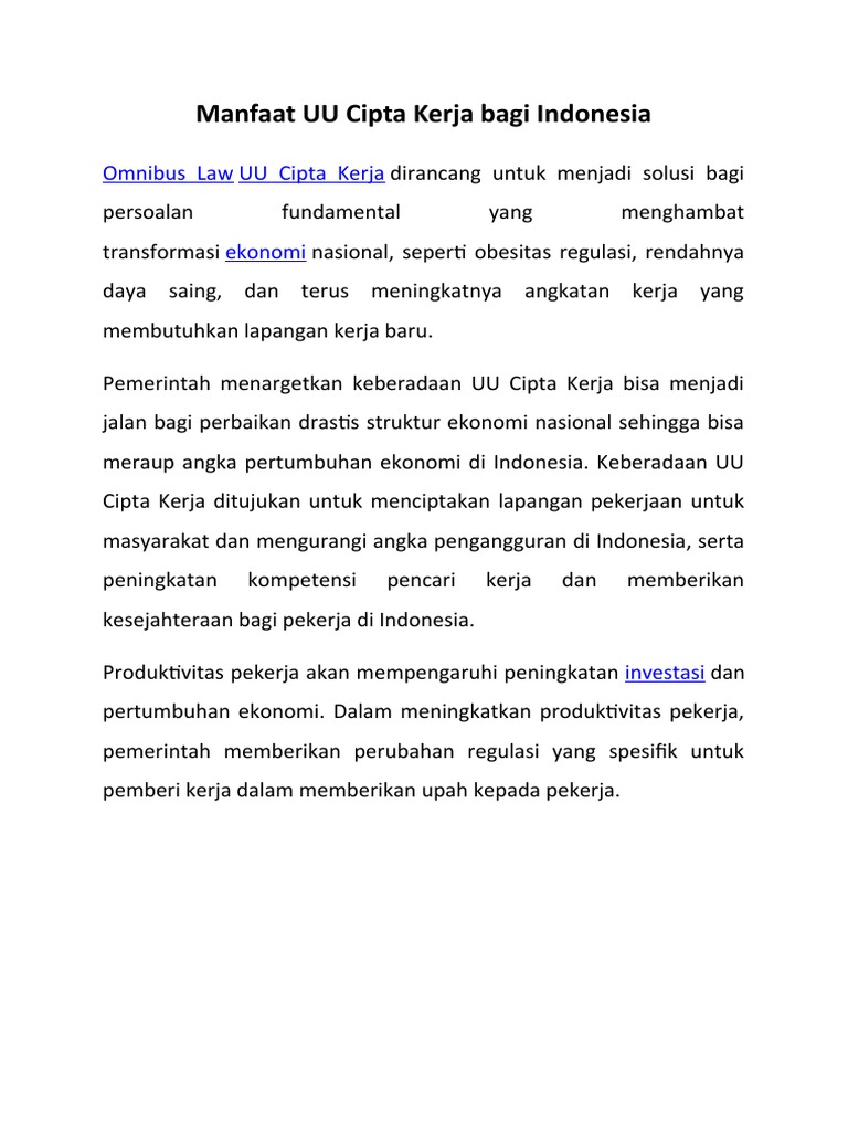 Manfaat Uu Cipta Kerja Bagi Indonesia Pdf