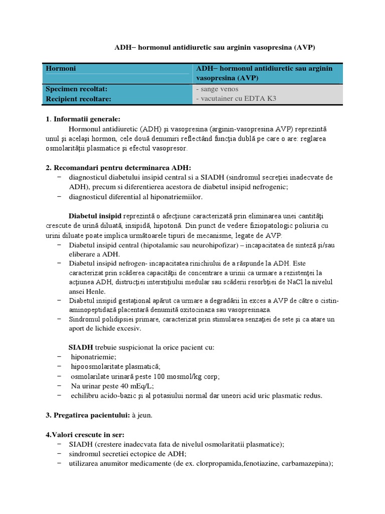 ADH Hormonul Antidiuretic | PDF