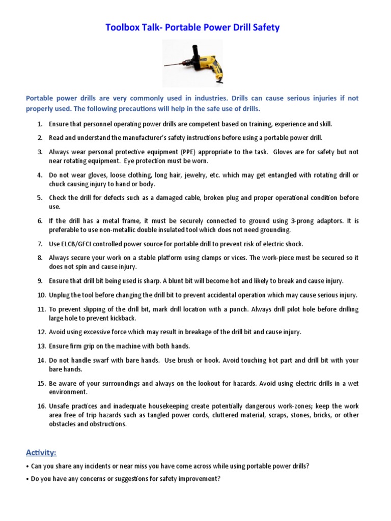 Topic 2 Portable Power Drill Safety PDF Drill Safety