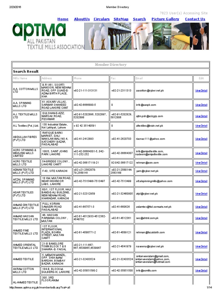 APTMA Members Directory PDF Karachi Textiles