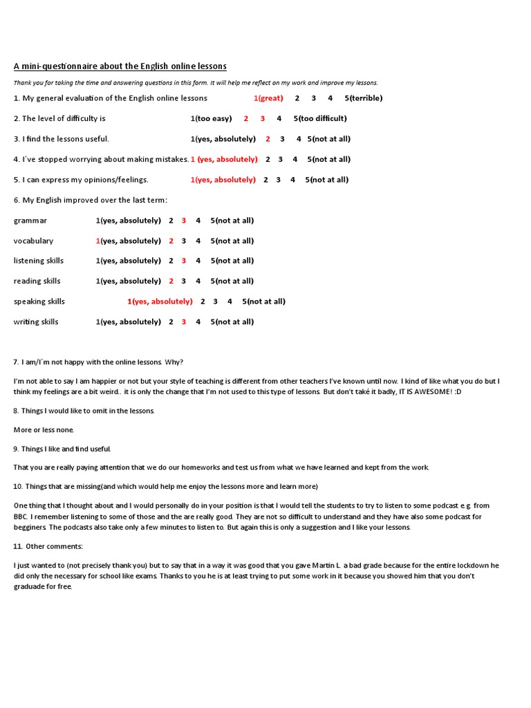Online Lessons Questionnaire | PDF | Human Nature | Behavior Modification