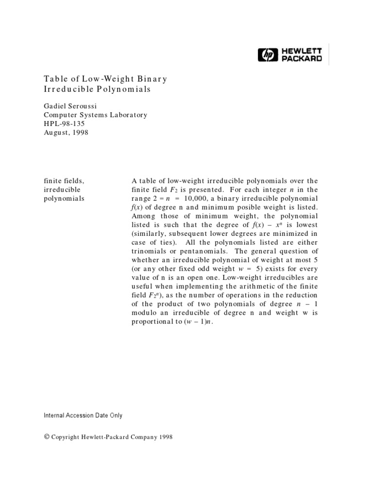 Table of Low-Weight Binary Irreducible Polynomials: Internal Accession ...